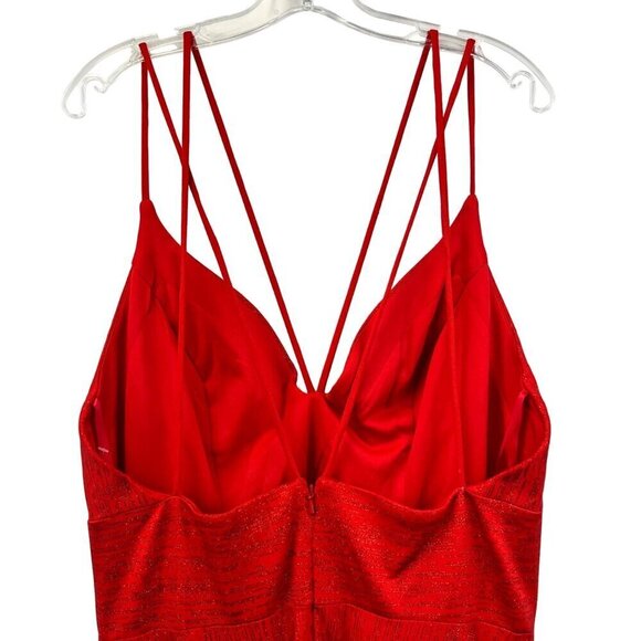 Abby Paris 90015 A-Line V-Neck Spaghetti Stap Long Prom Dress Red Shimmer 14 New - Picture 7 of 11